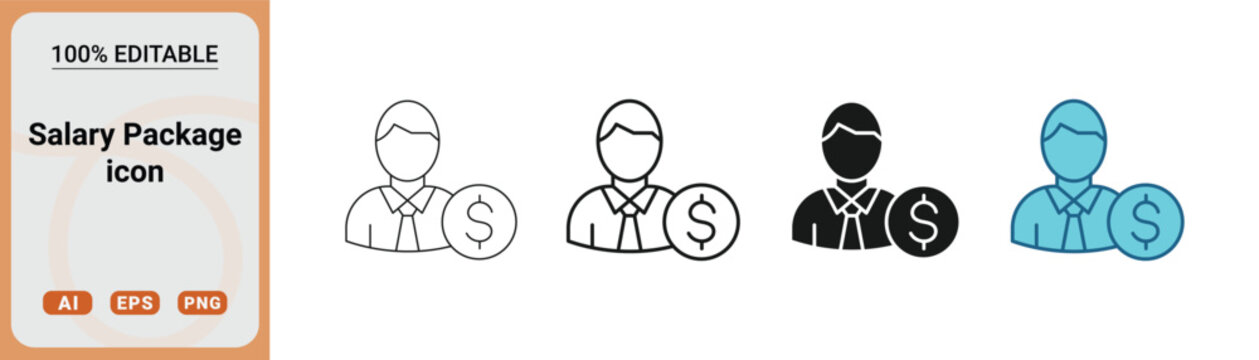 Set of salary package icons featuring a professional person with a dollar sign coin, available in various styles including line art, solid, and colored