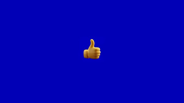 Three yellow cartoon thumbs up icons floating against a solid bright blue background screen with gestures floating horizontally screen continuous loop three dimensional video three communication
