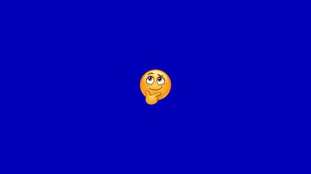 Three yellow thinking emojis with different expressions arranged on a solid blue background screen with gestures positioned horizontally horizontally against plain circular faces various emoji set