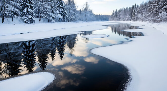 Frozen River with Snow-Covered Trees Reflected in Patches of Open Water
