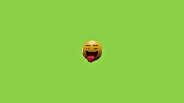Three identical yellow emojis with wide eyes and tongues sticking out move across green background with background simple animation moving horizontally across communication interaction mischievous