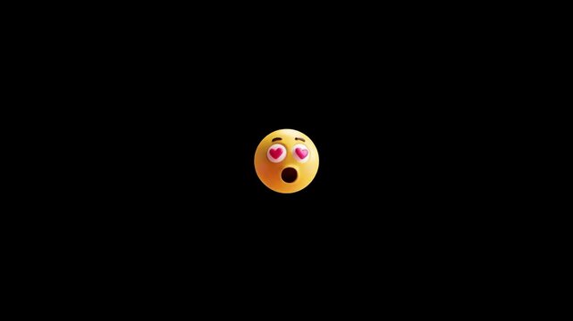 Three identical yellow emojis with heart eyes and open mouths floating against a black background with expression floating horizontally background repeating seamless passionate animation surprised