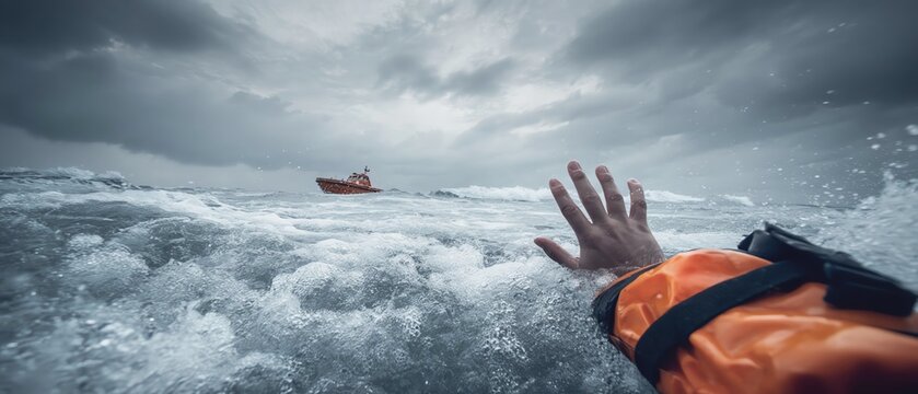 A hand reaching out from tumultuous waves.