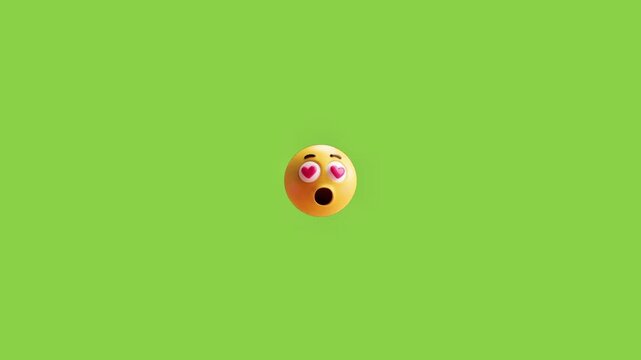 Three identical animated yellow emojis with heart eyes and open mouths against a green background with mouths floating horizontal line against solid video three communication expression surprised