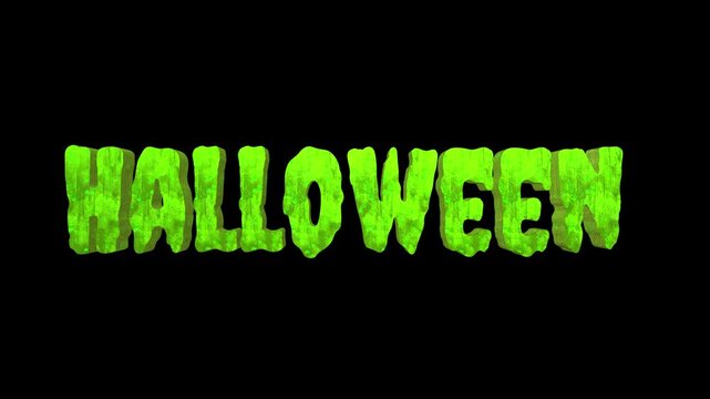 Halloween text rendered in chunky green slime style appears boldly against a stark black background to celebrate the spooky holiday season.