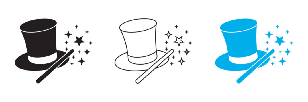 Magic wand icon vector template, magic hat set in black, outline, and blue, star wand, magical stardust, isolated on white background

