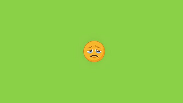 Crying and sad yellow emoji faces moving across a bright green background in horizontal motion with expressions moving horizontally background simple animation video three yellow communication web