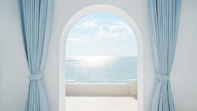An interior arched opening with light blue curtains frames a bright view of the sparkling blue sea and sky outside.