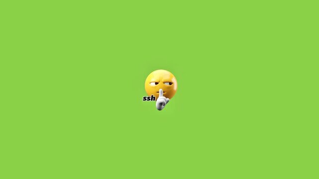 Three yellow emojis with hush gesture on a solid green background in a horizontal row with showing repeating sequence quiet gesture simple graphical animation mouths indicate silence communication