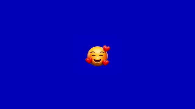 Three smiling face emojis with floating red hearts moving across a solid blue background screen with creating playful expressive digital animation effect drifting horizontally across communication