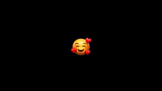 Three identical yellow smiling face emojis decorated with small red hearts floating against a black background with faces smiling expressions surrounding them drifting heart icons surrounding smile