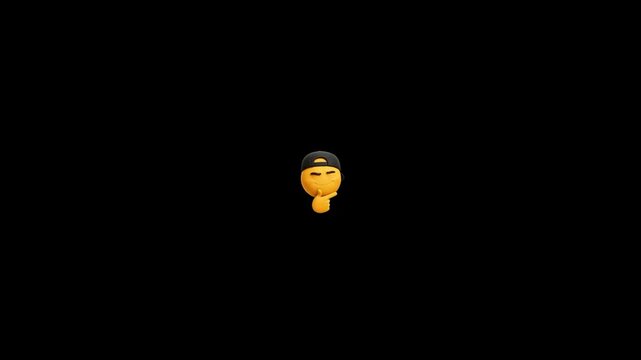 Three identical emojis wearing black baseball caps thinking with hand on chin against black background with arranged horizontally against solid thought curiosity arranged video displays three brain