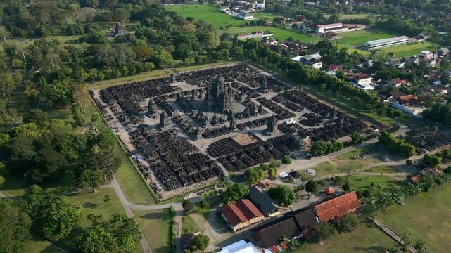 Aerial view of Prambanan Temple complex near Yogyakarta, Indonesia, revealing the ancient Hindu sanctuary, archaeological site and surrounding green landscape.