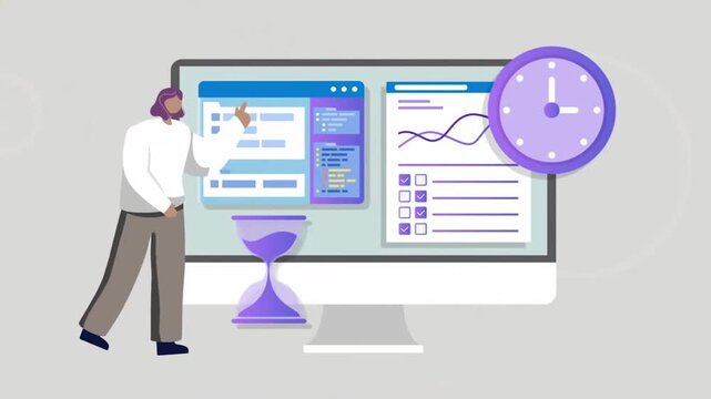 Man standing beside large computer monitor showing data analytics
