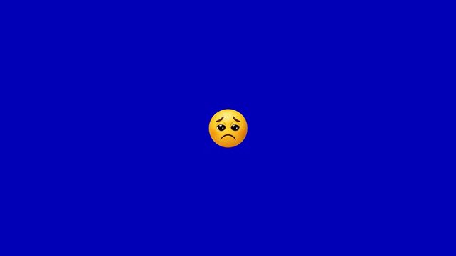 Three sad emojis floating and moving horizontally across a solid blue background in a row with background displaying expressions emotional distress throughout horizontally left right disappointed