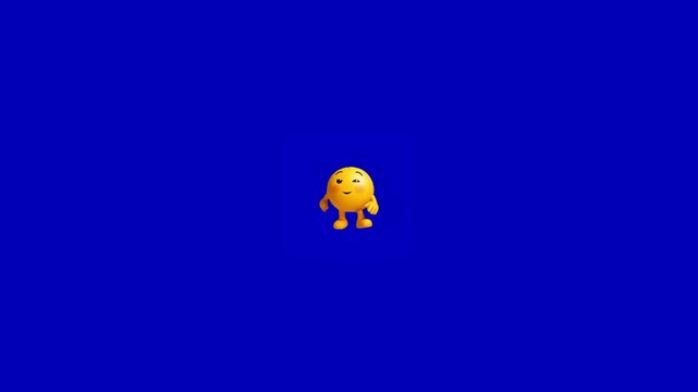 Three yellow cartoon characters jumping and running across a plain solid blue background screen with while smiling appearing appearing happy during presentation performance expression animation
