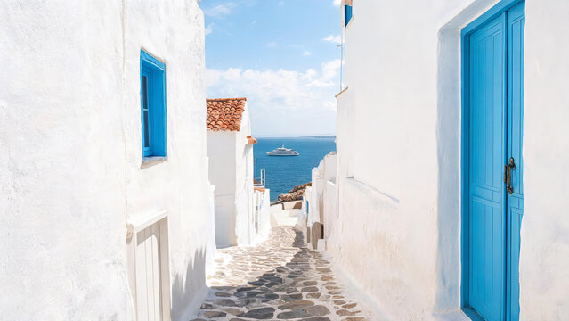 A narrow cobblestone alley between whitewashed buildings leads to a bright blue sea with a distant ship under a sunny sky.