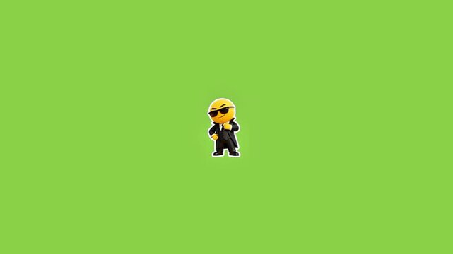 Three identical emoji characters wearing formal suits and sunglasses standing on a green background with standing still against dressed formal black against solid lime professional expression man