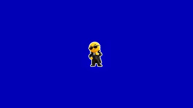 Three animated yellow characters wearing sunglasses and suits posing against a solid blue background with background while performing sunglasses standing row video three identical professional fun
