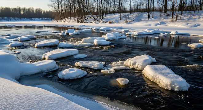 Icy River with Floating Ice Chunks and Snow-Covered Banks Under Blue Sky