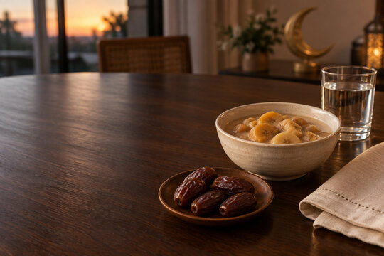 Ramadan iftar table with dates and banana kolak at sunset