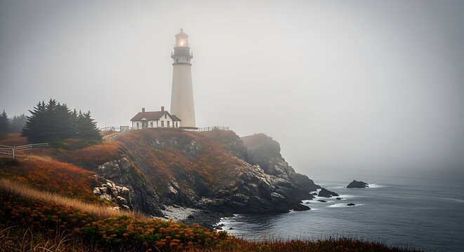 dramatic foggy lighthouse coast autumn cliffs ocean