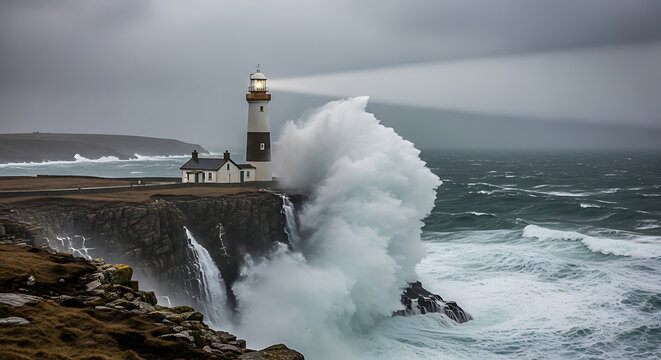 dramatic cliff edge lighthouse during storm huge waves spray