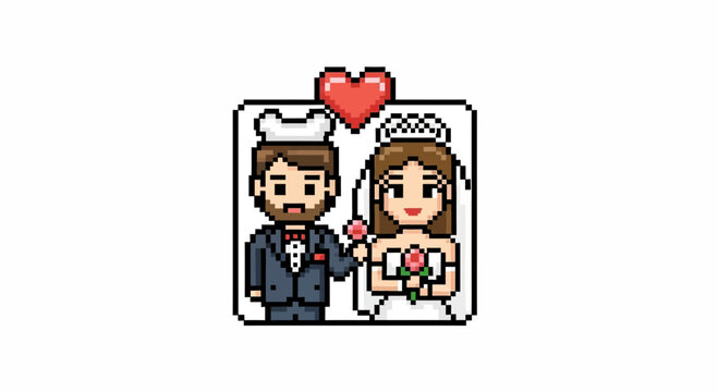 Pixel art illustration of a bride and groom with a heart