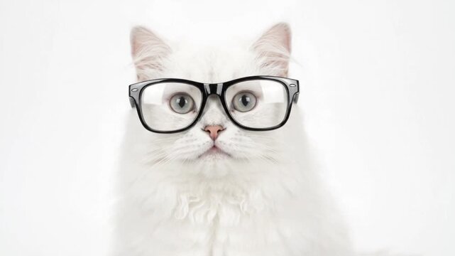 Cute white fluffy cat wearing smart black glasses