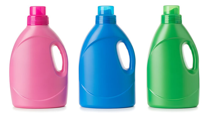 Three colorful plastic detergent bottles in a row