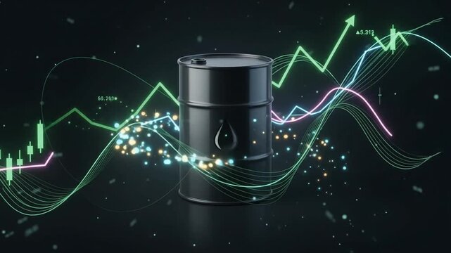 Oil Barrel Amidst Fluctuating Market Trends and Financial Growth Charts