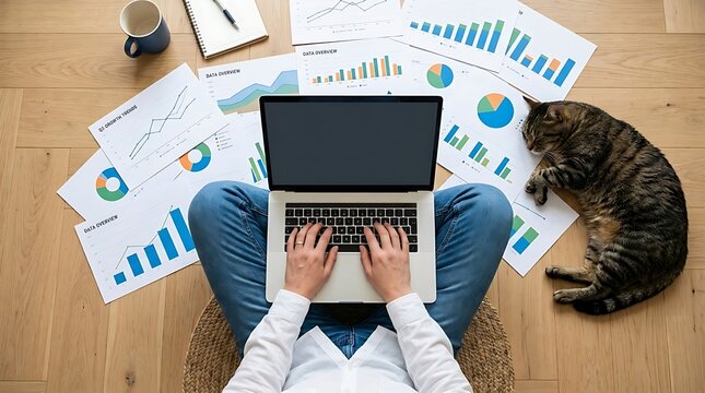 Person working on laptop on floor with charts and sleeping cat