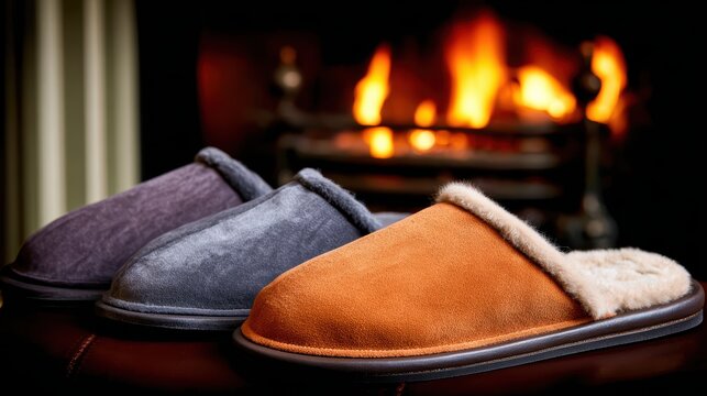 Cozy Footwear by the Fire: Three plush slippers in rich, earthy tones are artfully arranged, inviting warmth and comfort, with a crackling fireplace creating a cozy ambiance in the background.