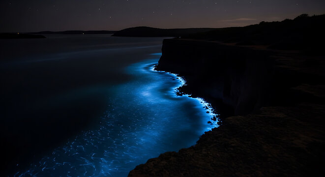 breathtaking cliff edge overlook bioluminescent bay ocean glowing