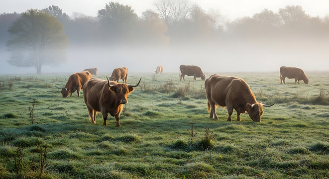 serene foggy meadow with cows grazing autumn morning