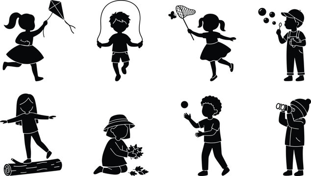Children Outdoor Activities Silhouette Collection with Playful Kids Black Vector Illustration Set