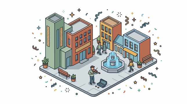 Isometric City Square Music Street Busker Vector Art Performance Scene