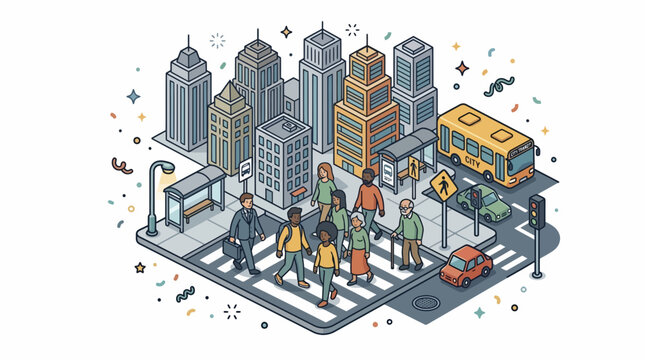 Isometric Urban City Pedestrian Crossing People Walking Street View Vector