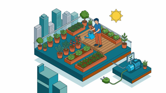 Urban Rooftop Garden Man Water Green Plant Sustainable City Living