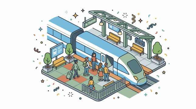 Modern Urban Train Station Transit Hub Isometric Vector Illustration Concept
