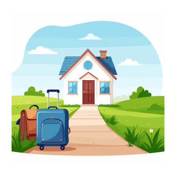 Travel vector illustration featuring luggage on path leading to suburban house