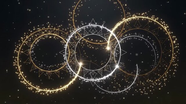 Elegant digital fireworks in golden and silver hues ignite a sparkling abstract spectacle