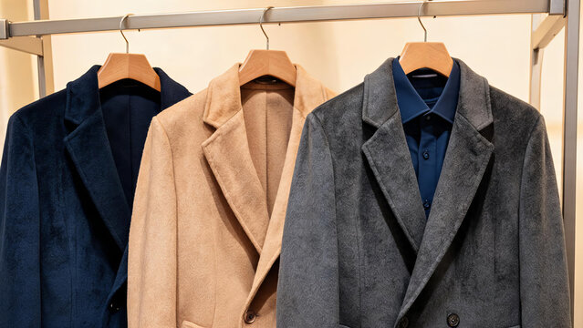 Three different colored outer coats and a matching dress shirt hung on wooden hangers at a clothing display.