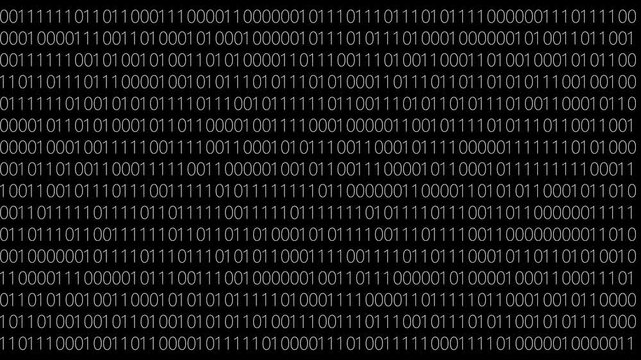 Binary Code on Black Digital Background. Rows of ones and zeros in a binary pattern create a digital data backdrop, symbolizing coding and information 4k motion graphic animation.