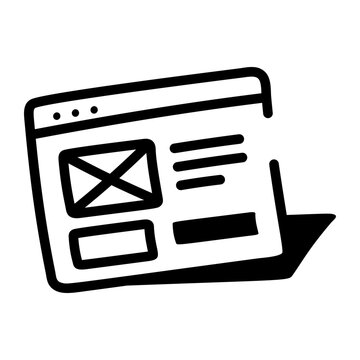 Hand drawn landing page icon showing a web layout with image and text sections, representing a digital page designed for online campaigns and visitors.