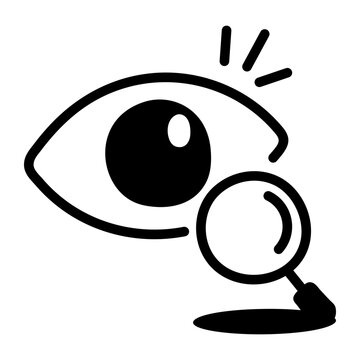 Hand drawn problem spotting icon showing an eye and magnifying glass, representing observation, issue discovery, research and analytical thinking.
