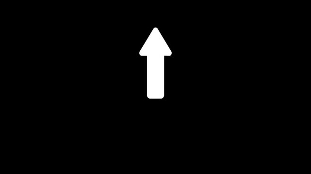 White line Up direction animated arrow on black background .Animation of sweep arrow icon, upward and transparent white swipe up pointing arrow icon motion animate..