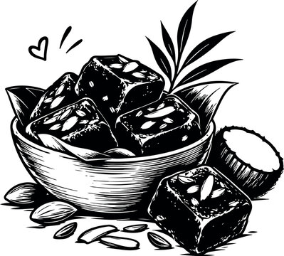 Hand drawn illustration of coconut burfi sweets in a bowl with nuts