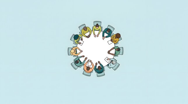 A top-down view of twelve people sitting around a circular table in a meeting. The people are diverse and appear engaged in a discussion.