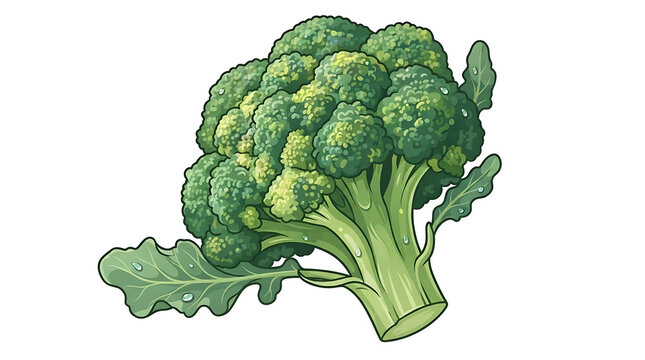Fresh green raw broccoli floret with leaves and water drops, transparent background, isolated on white